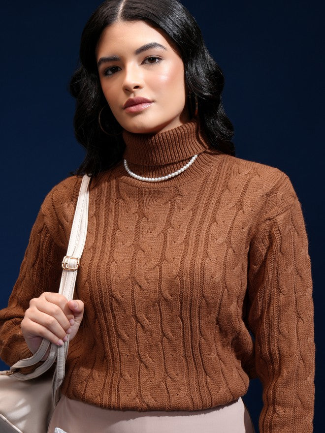 Tokyo Talkies Women Brown Mock Collar Sweater - Brown - Image 1