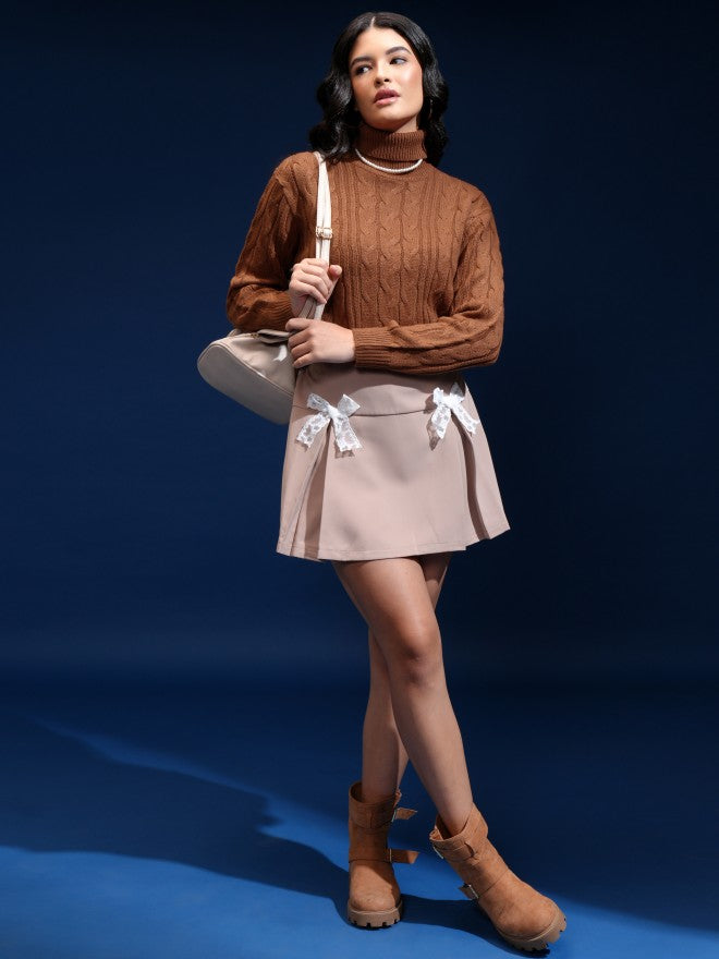 Tokyo Talkies Women Brown Mock Collar Sweater - Brown - Image 2