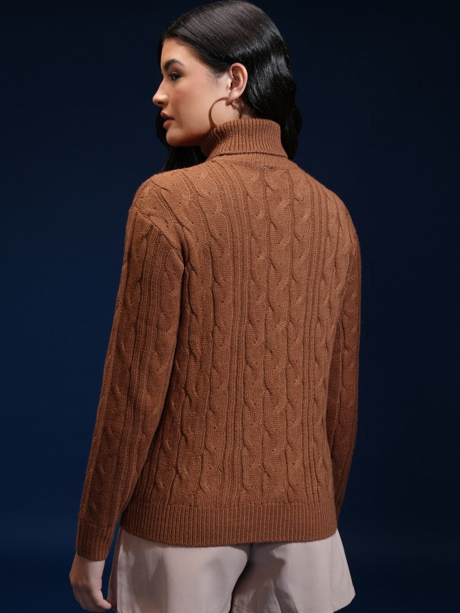 Tokyo Talkies Women Brown Mock Collar Sweater - Brown - Image 3