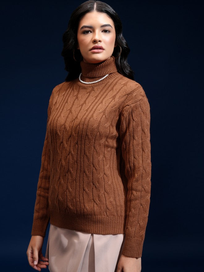 Tokyo Talkies Women Brown Mock Collar Sweater - Brown - Image 4