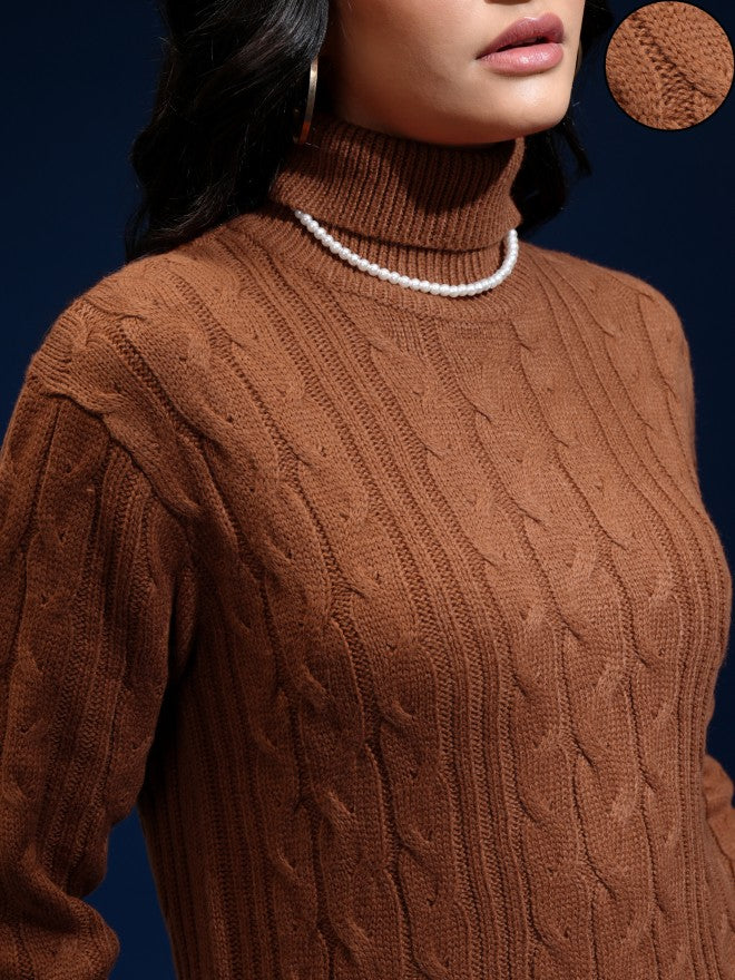 Tokyo Talkies Women Brown Mock Collar Sweater - Brown - Image 5