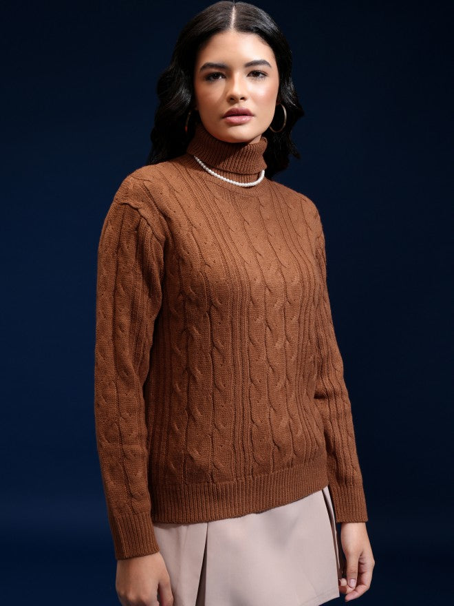 Tokyo Talkies Women Brown Mock Collar Sweater - Brown - Image 6