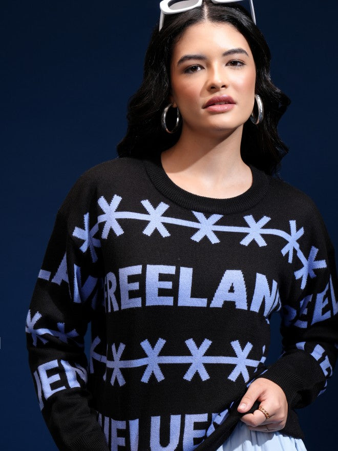 Tokyo Talkies Women Black Round Neck Sweater - Black - Image 1