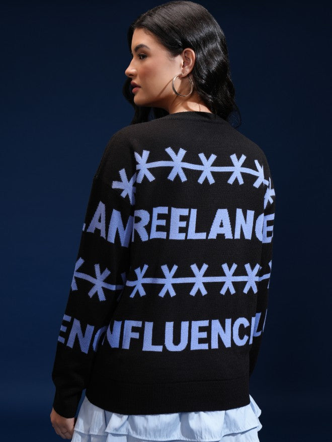 Tokyo Talkies Women Black Round Neck Sweater - Black - Image 3