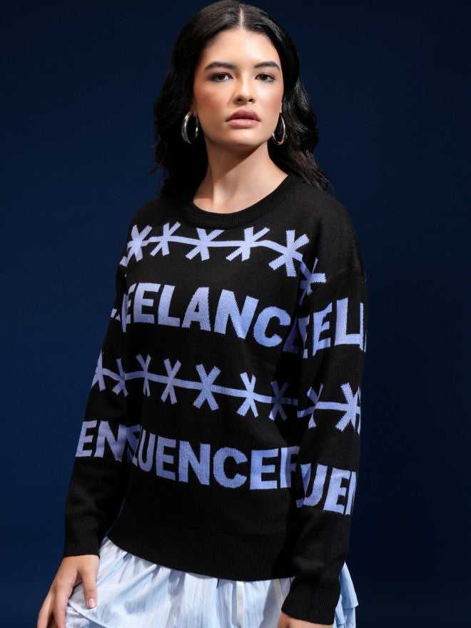 Tokyo Talkies Women Black Round Neck Sweater - Black - Image 4