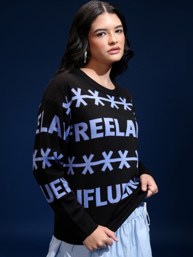 Tokyo Talkies Women Black Round Neck Sweater - Black - Image 6