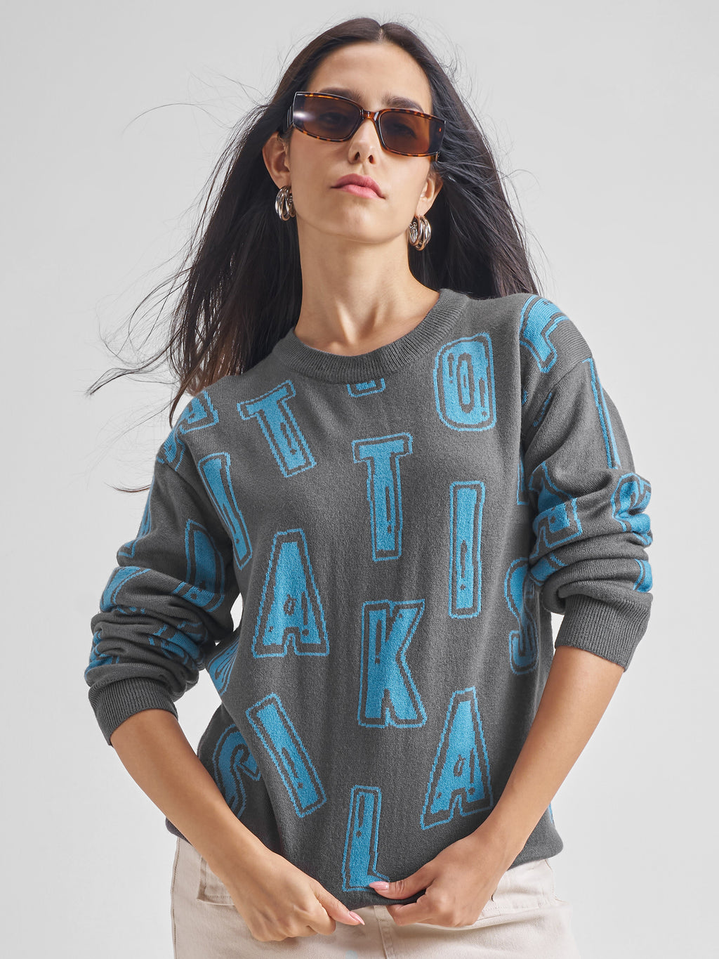 Tokyo Talkies Women Grey Round Neck Sweater - Grey - Image 1