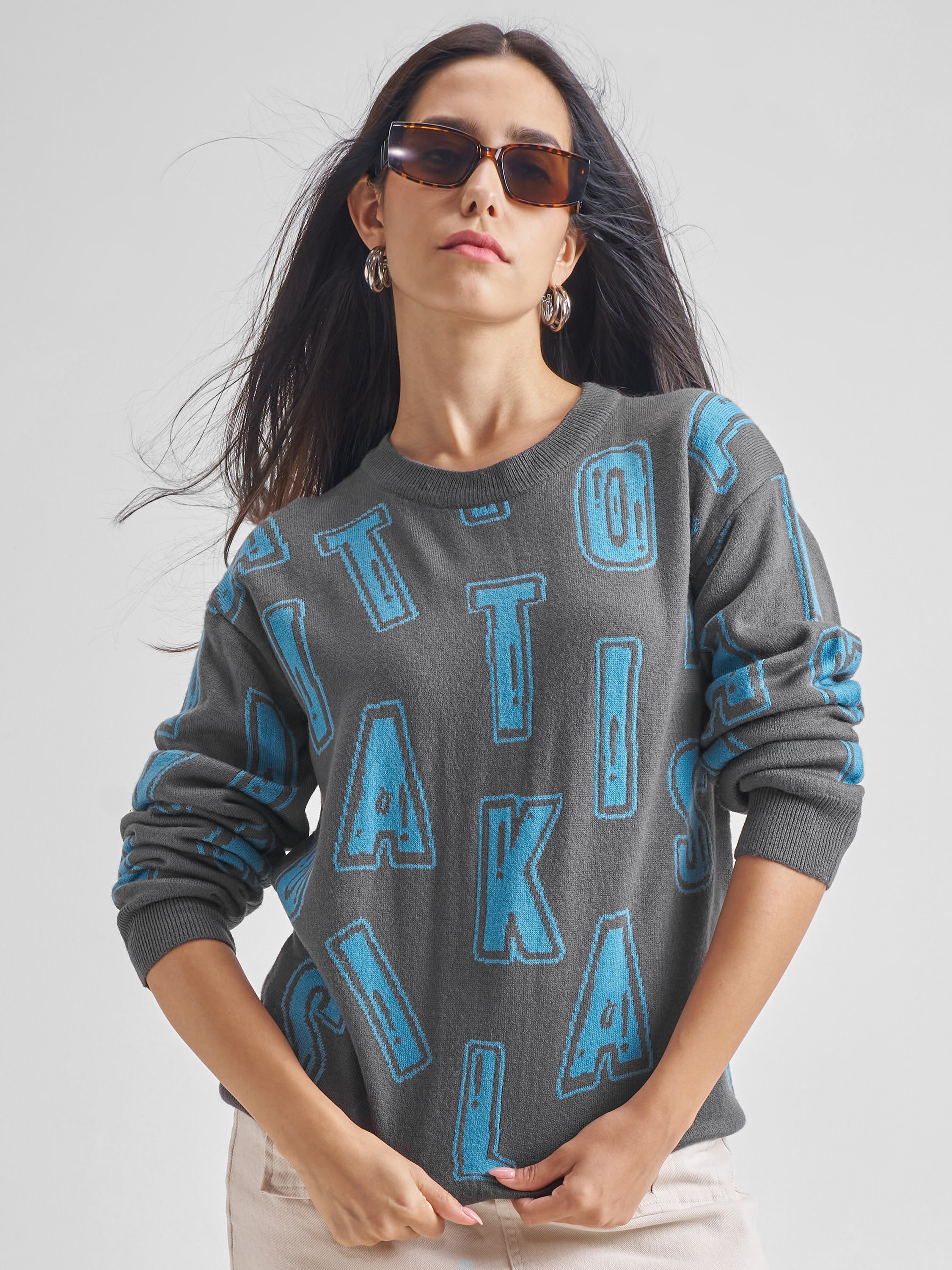 Tokyo Talkies Women Grey Round Neck Sweater - Grey - Image 1