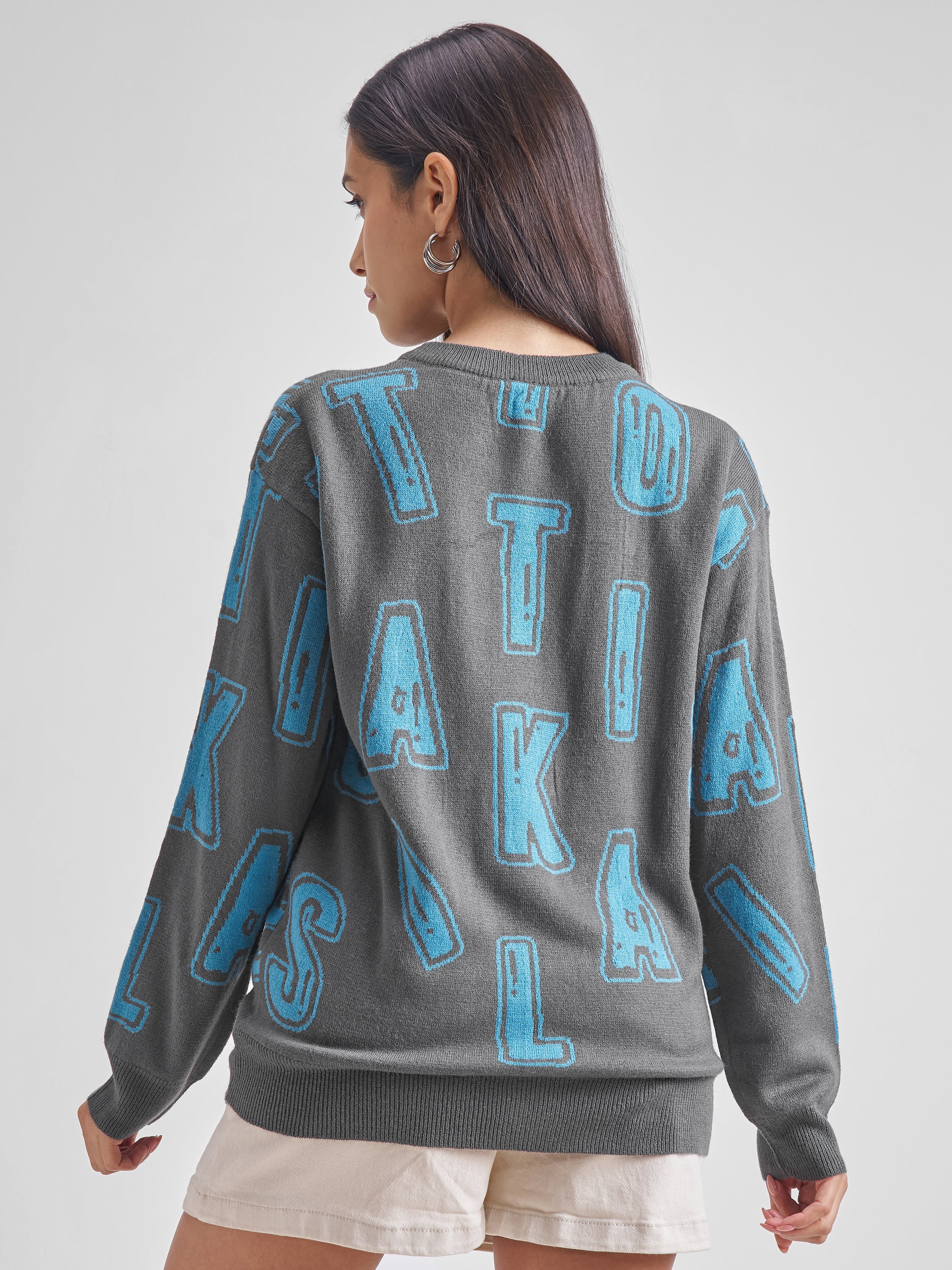 Tokyo Talkies Women Grey Round Neck Sweater - Grey - Image 3