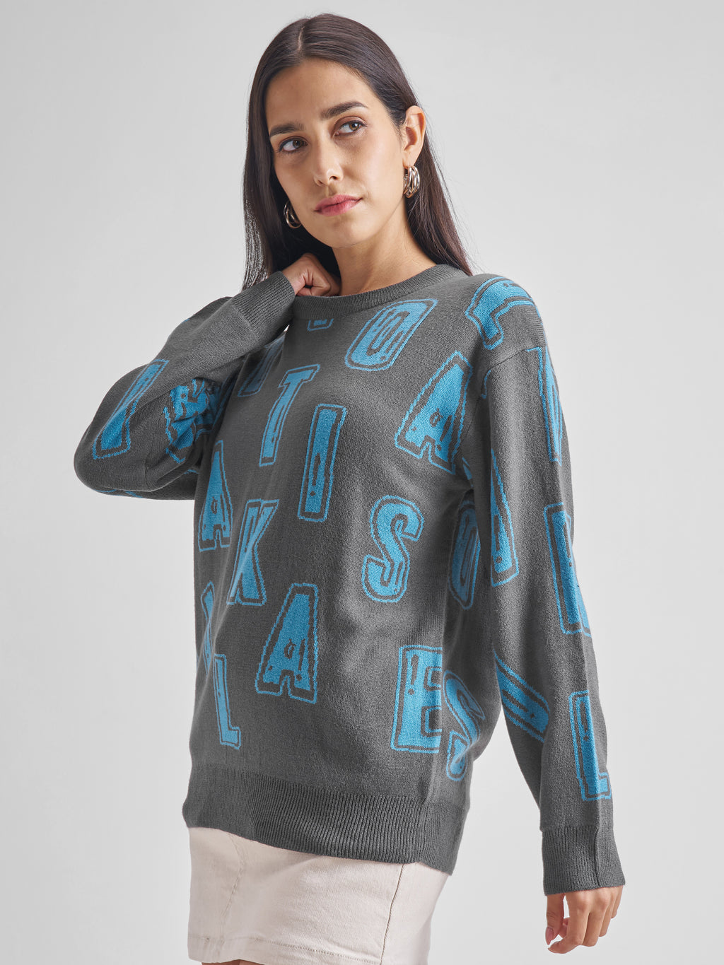 Tokyo Talkies Women Grey Round Neck Sweater - Grey - Image 4