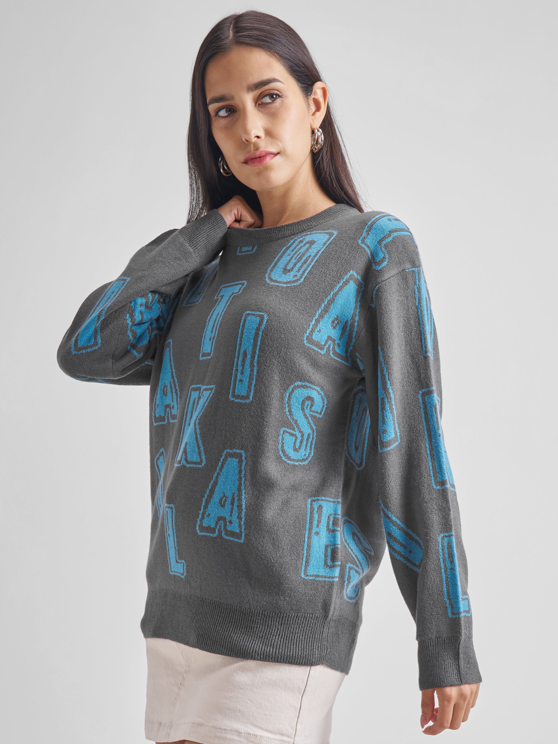 Tokyo Talkies Women Grey Round Neck Sweater - Grey - Image 4
