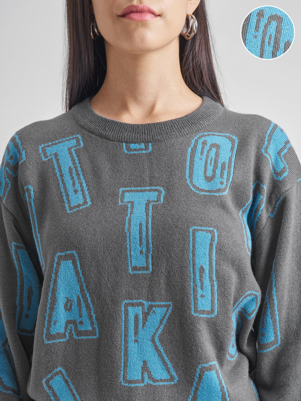 Tokyo Talkies Women Grey Round Neck Sweater - Grey - Image 5