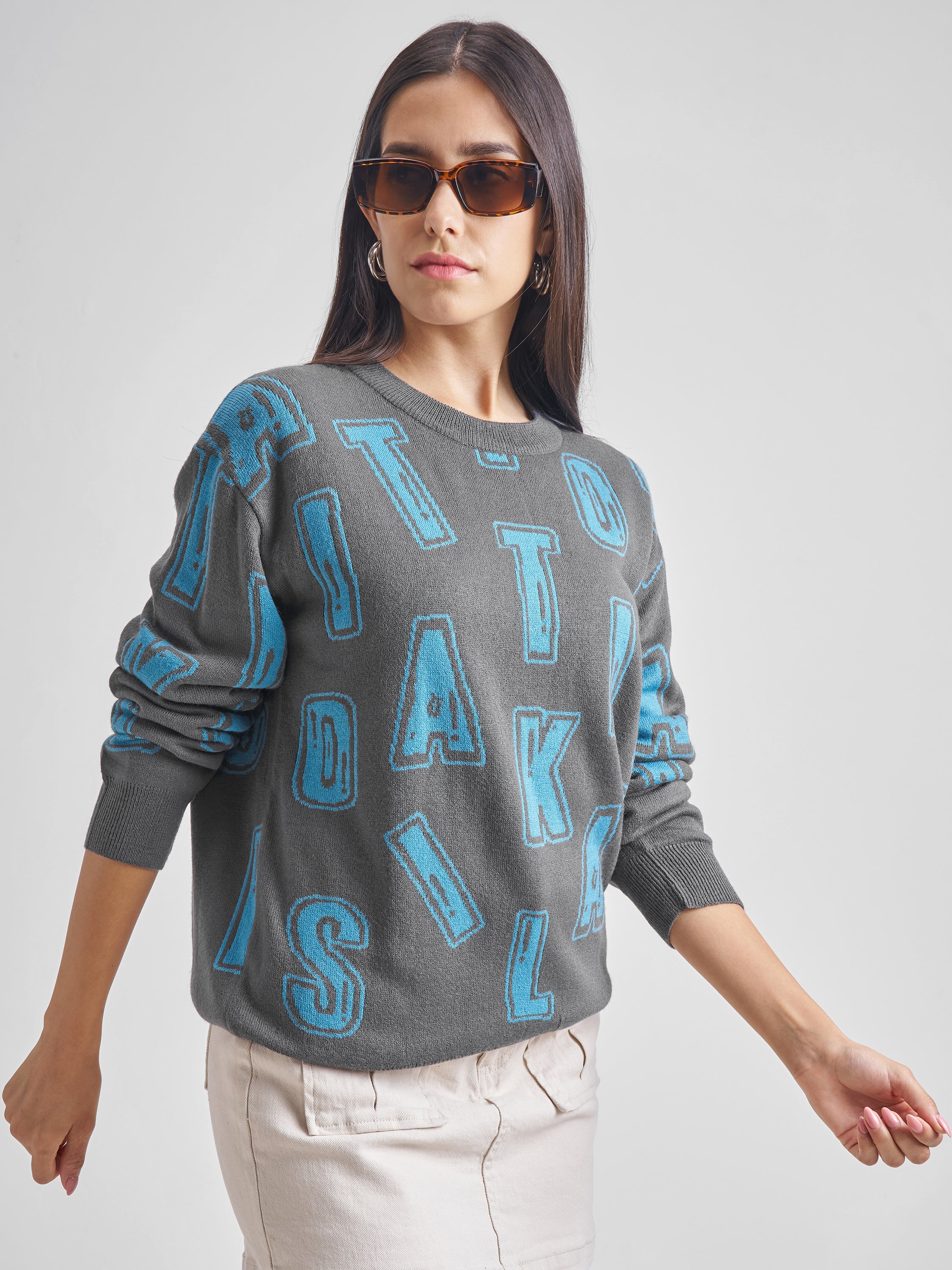Tokyo Talkies Women Grey Round Neck Sweater - Grey - Image 6