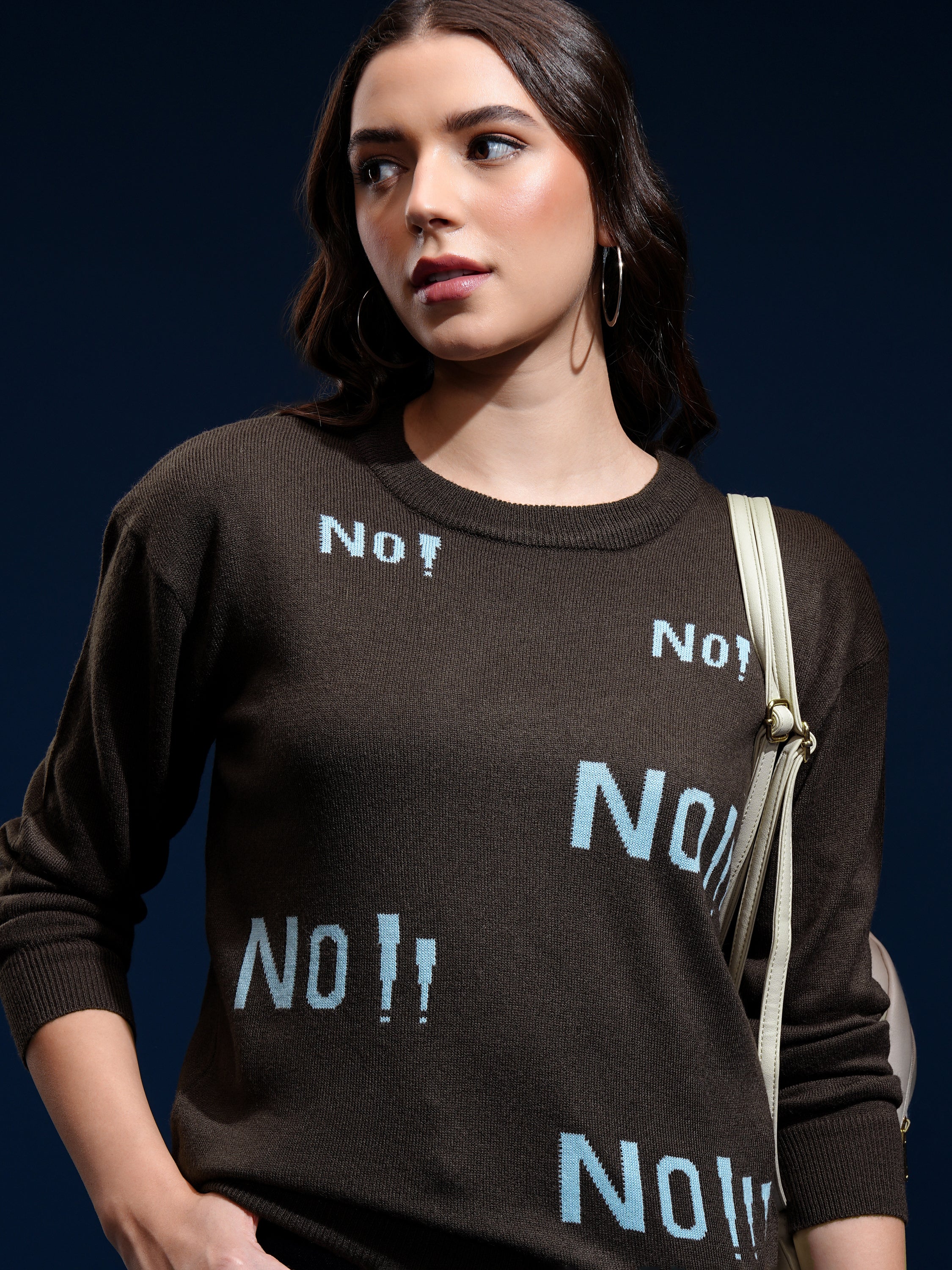 Tokyo Talkies Women Brown Round Neck Sweater - Brown - Image 1