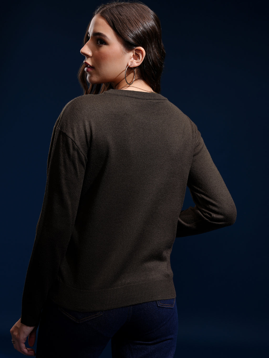 Tokyo Talkies Women Brown Round Neck Sweater - Brown - Image 3
