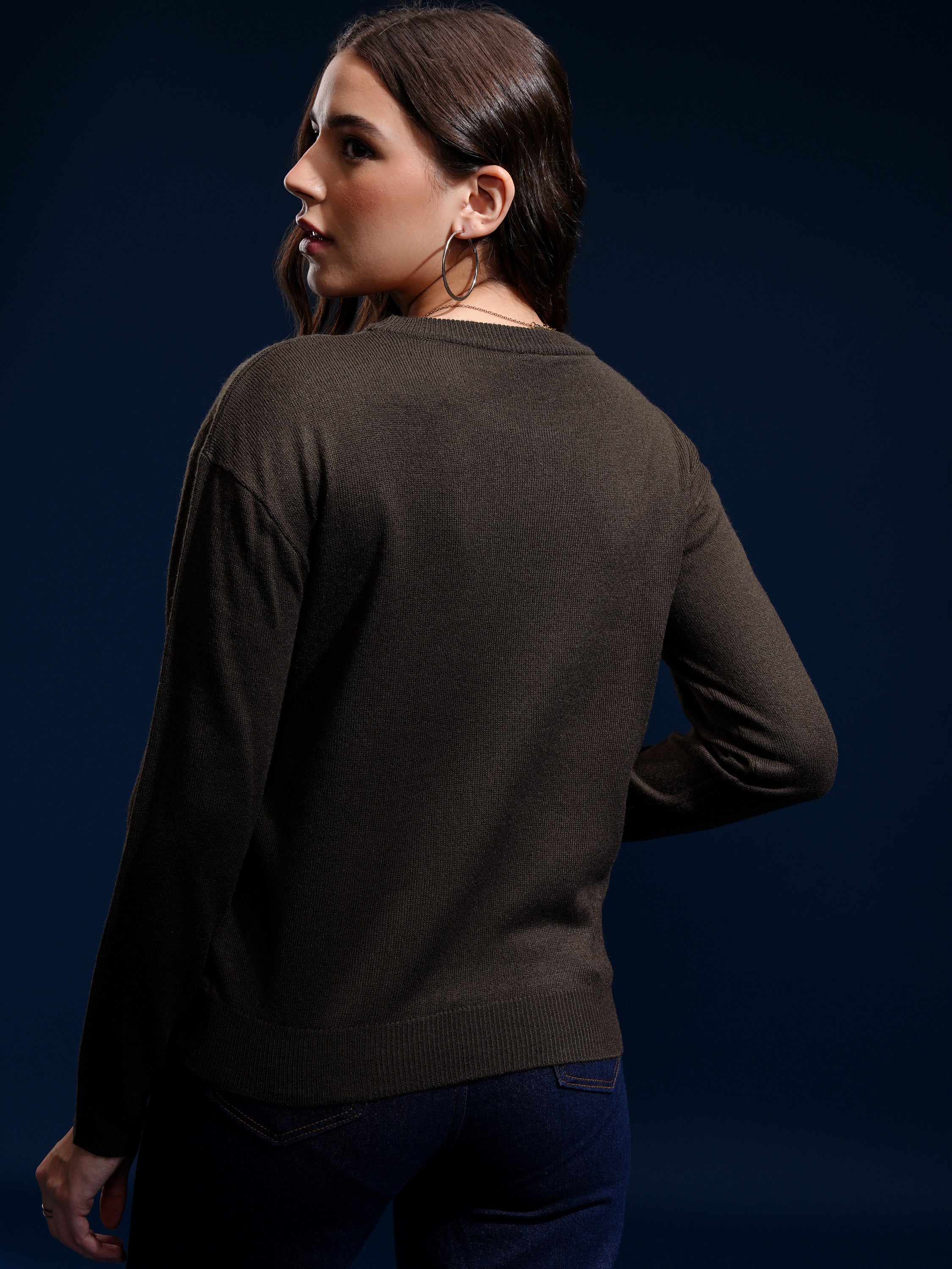 Tokyo Talkies Women Brown Round Neck Sweater - Brown - Image 3