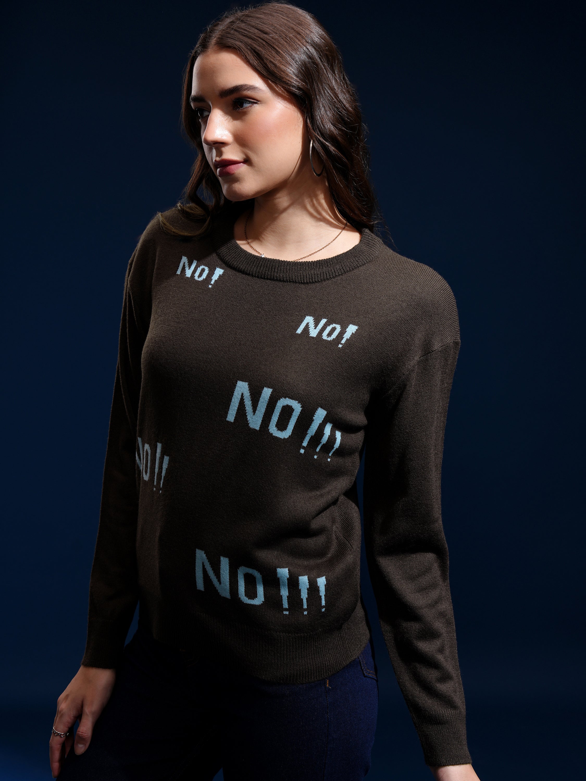 Tokyo Talkies Women Brown Round Neck Sweater - Brown - Image 4