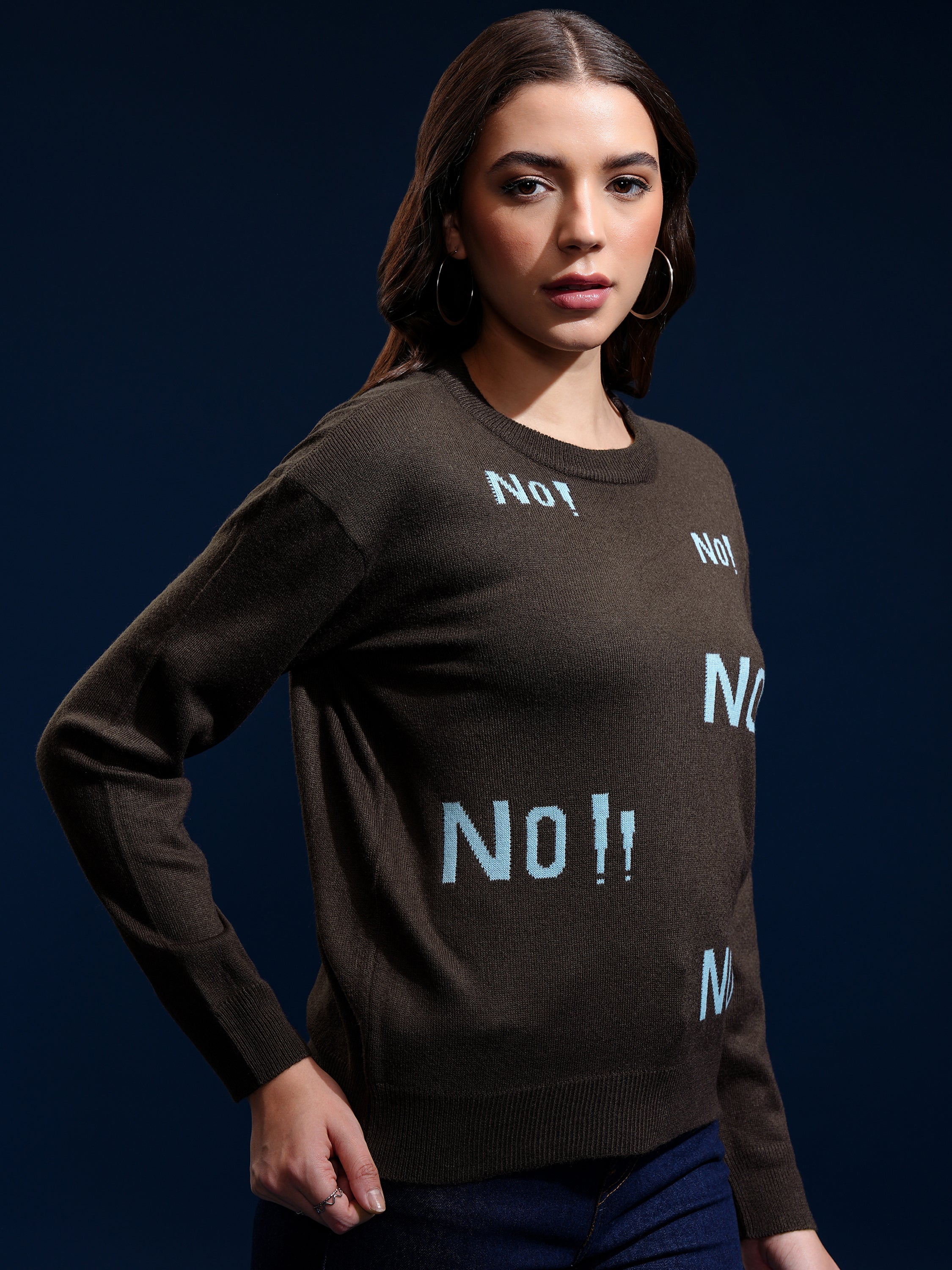 Tokyo Talkies Women Brown Round Neck Sweater - Brown - Image 6