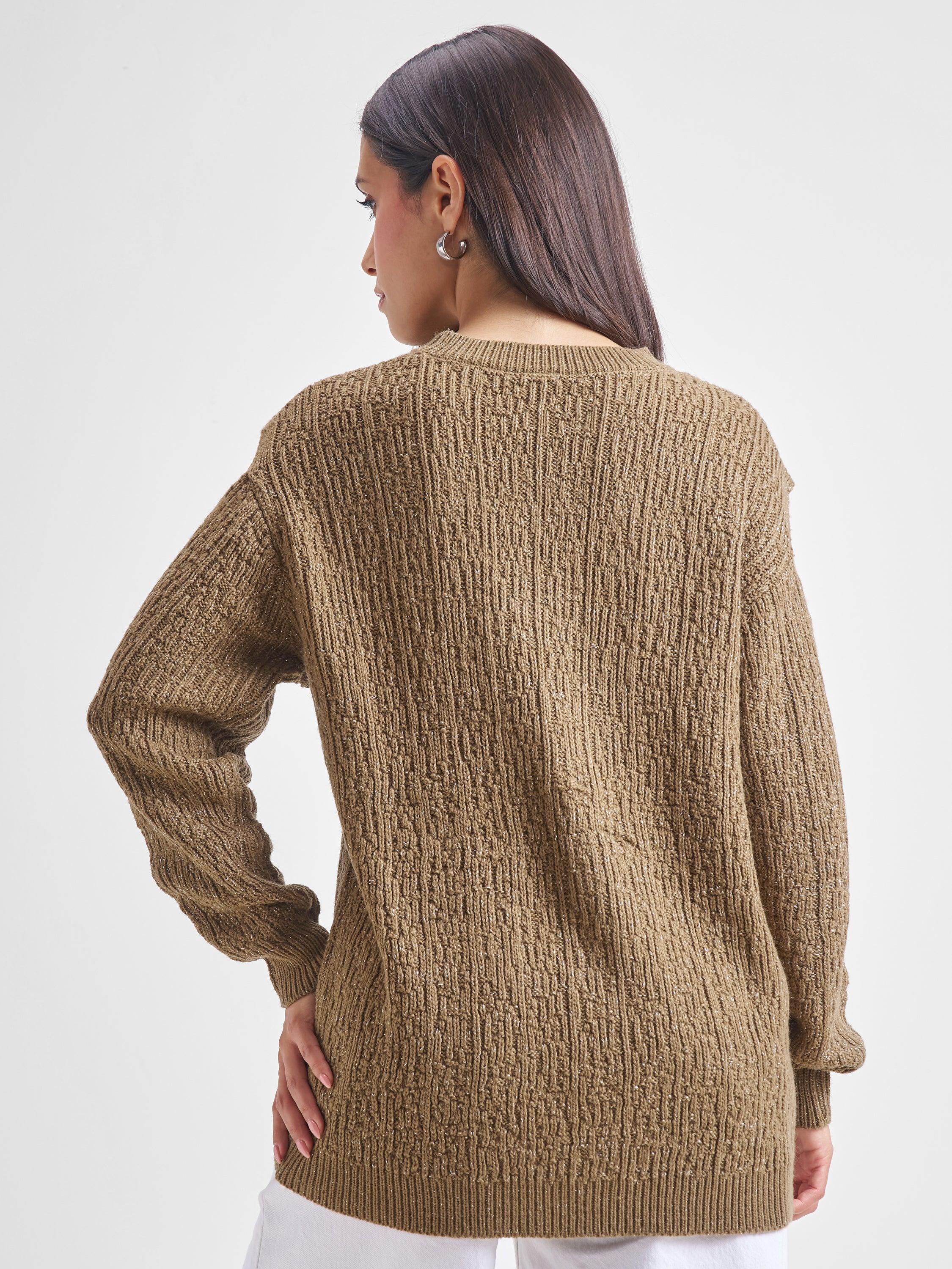 Tokyo Talkies Women Brown Round Neck Sweater - Brown - Image 3