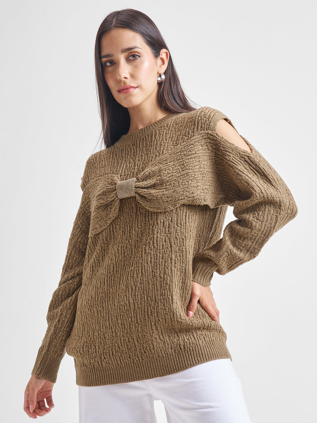 Tokyo Talkies Women Brown Round Neck Sweater - Brown - Image 4