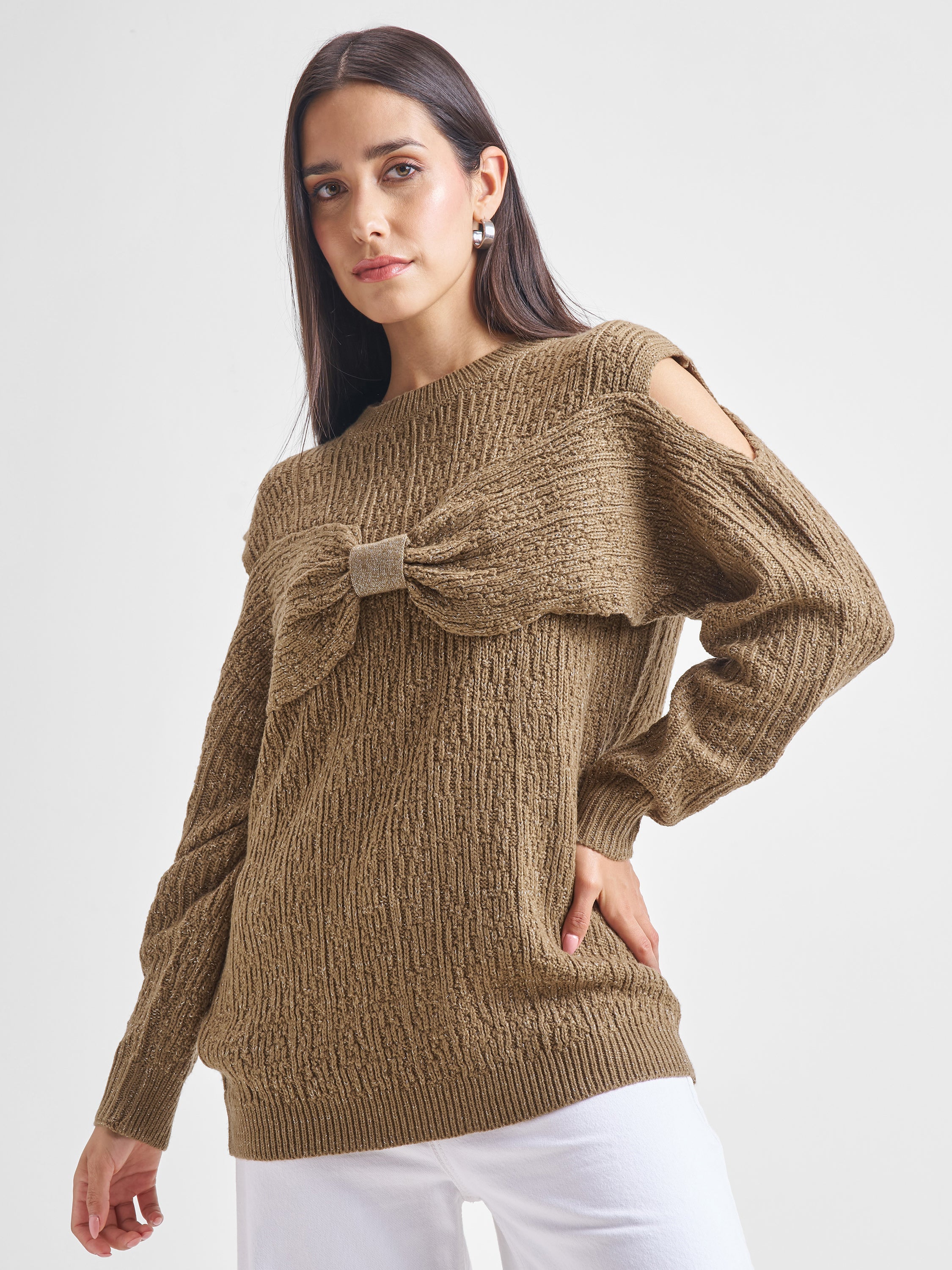 Tokyo Talkies Women Brown Round Neck Sweater - Brown - Image 4