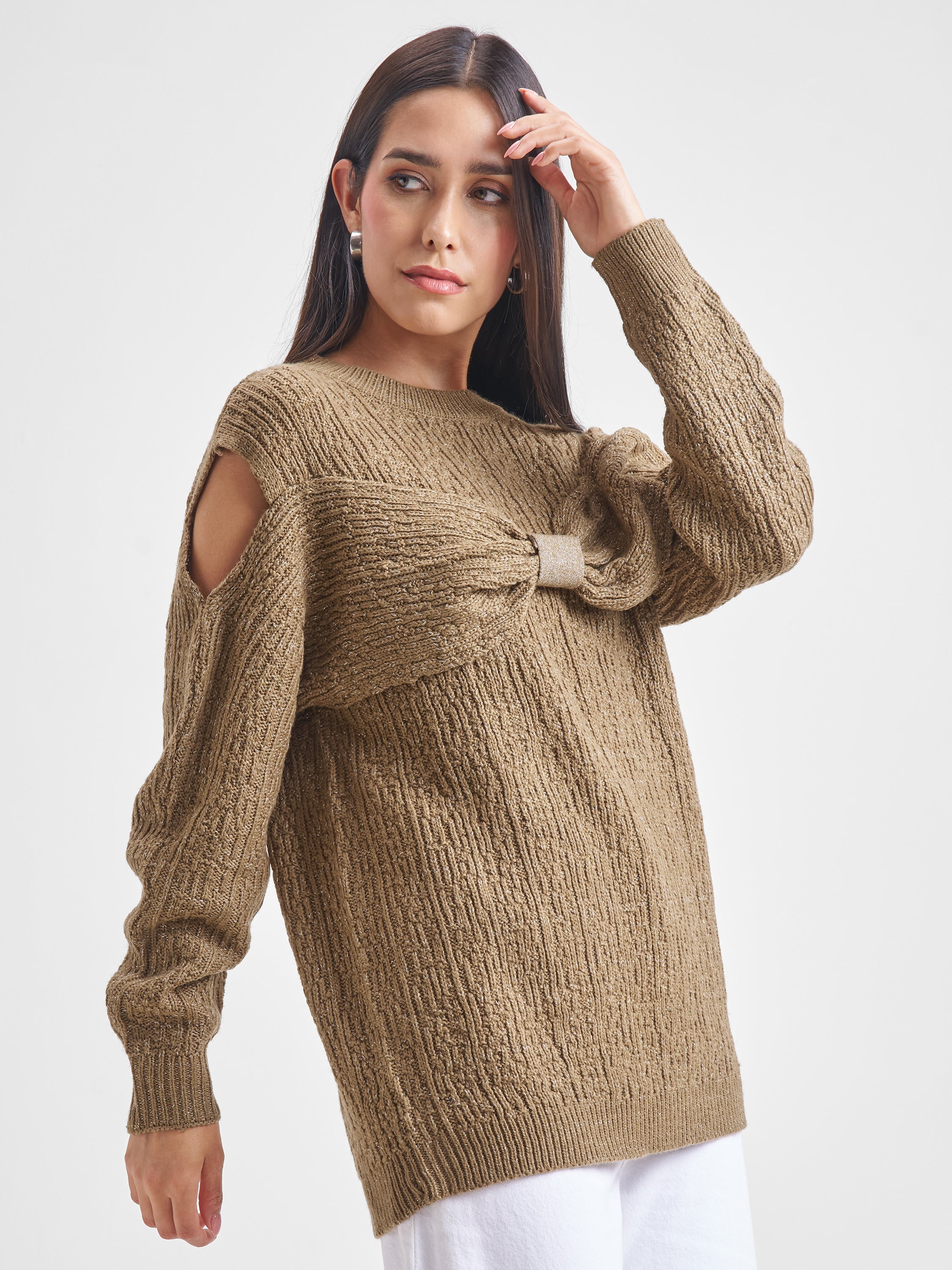 Tokyo Talkies Women Brown Round Neck Sweater - Brown - Image 6