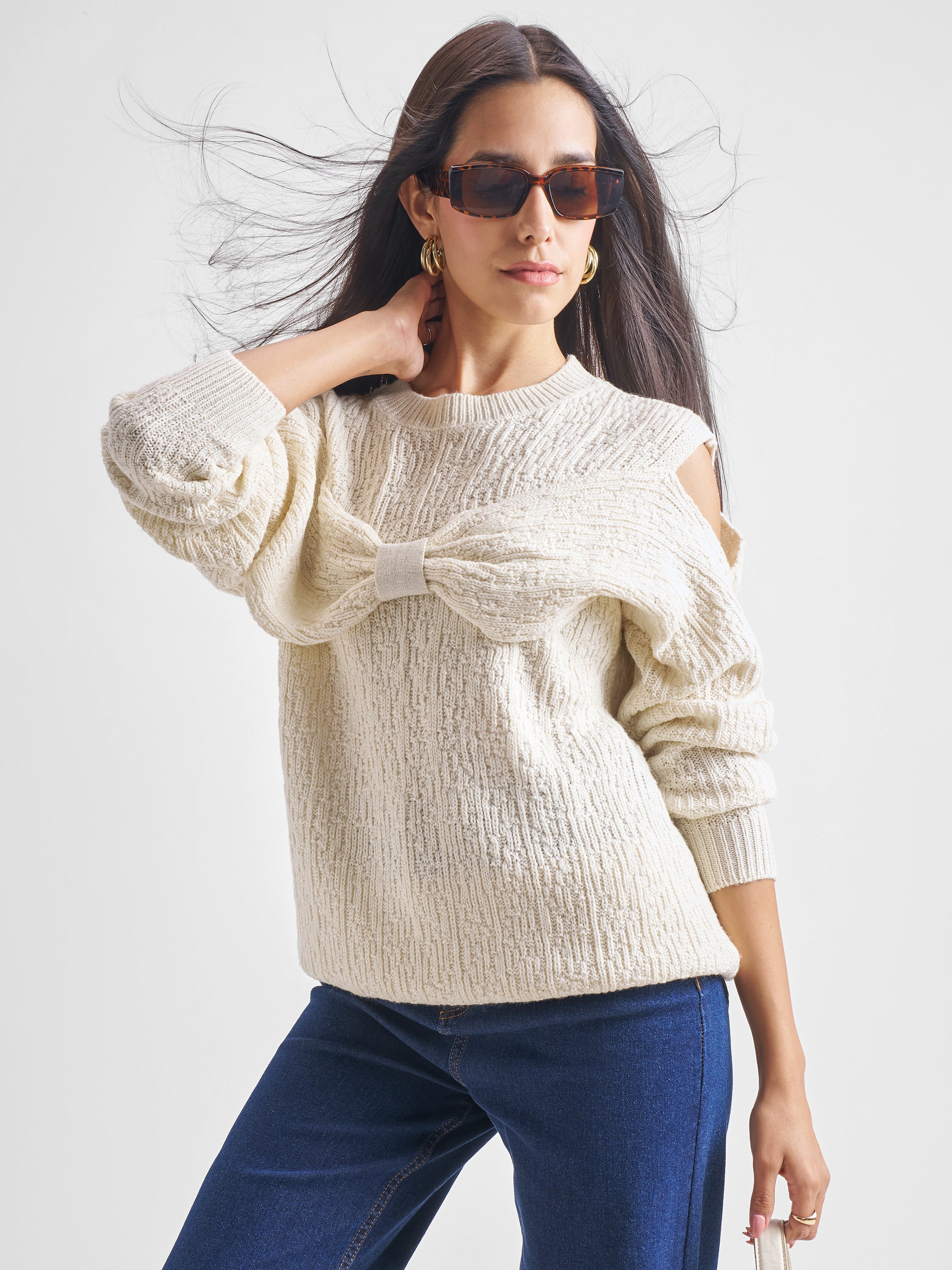 Tokyo Talkies Women White Round Neck Sweater - White - Image 1