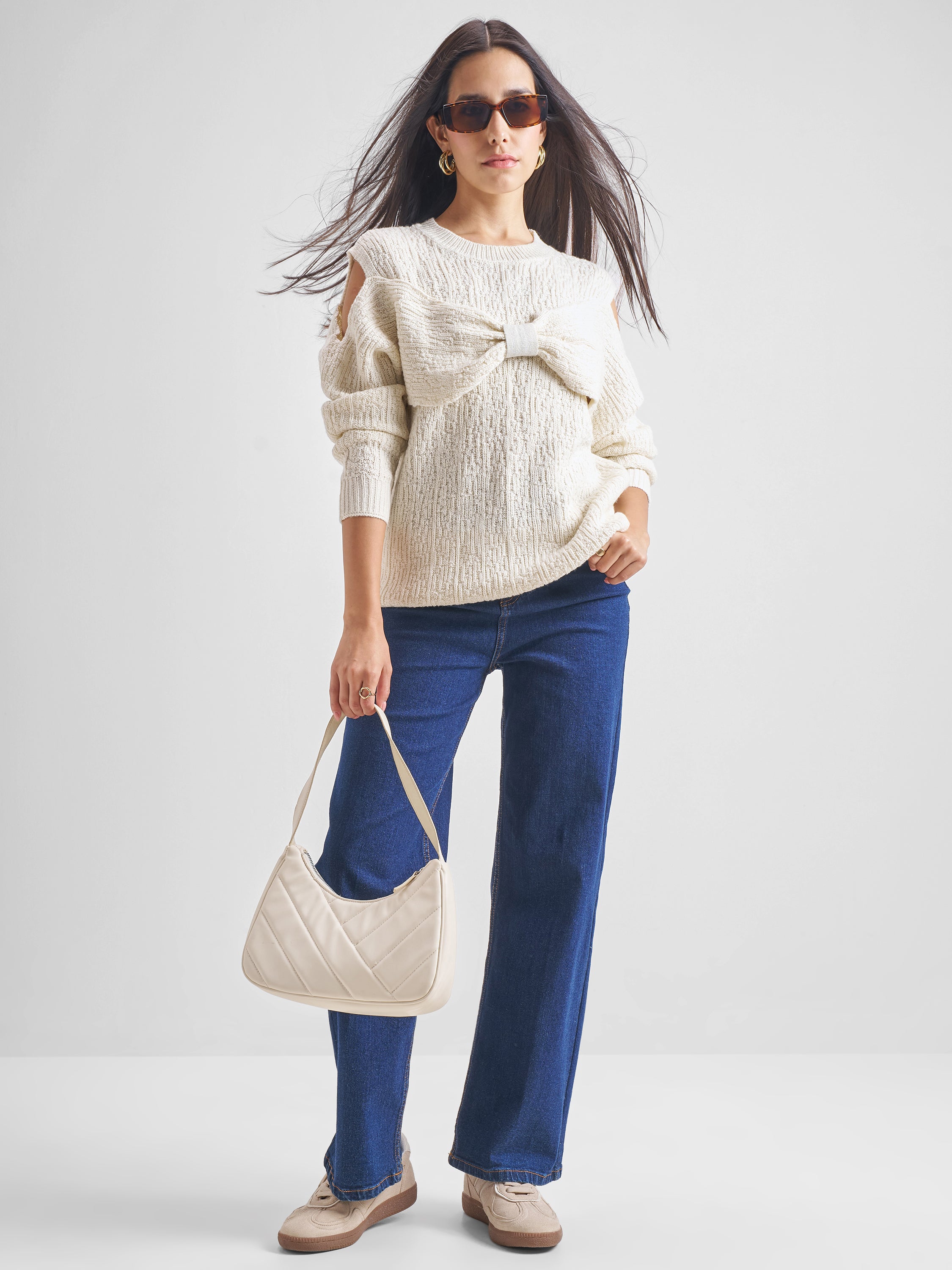 Tokyo Talkies Women White Round Neck Sweater - White - Image 2