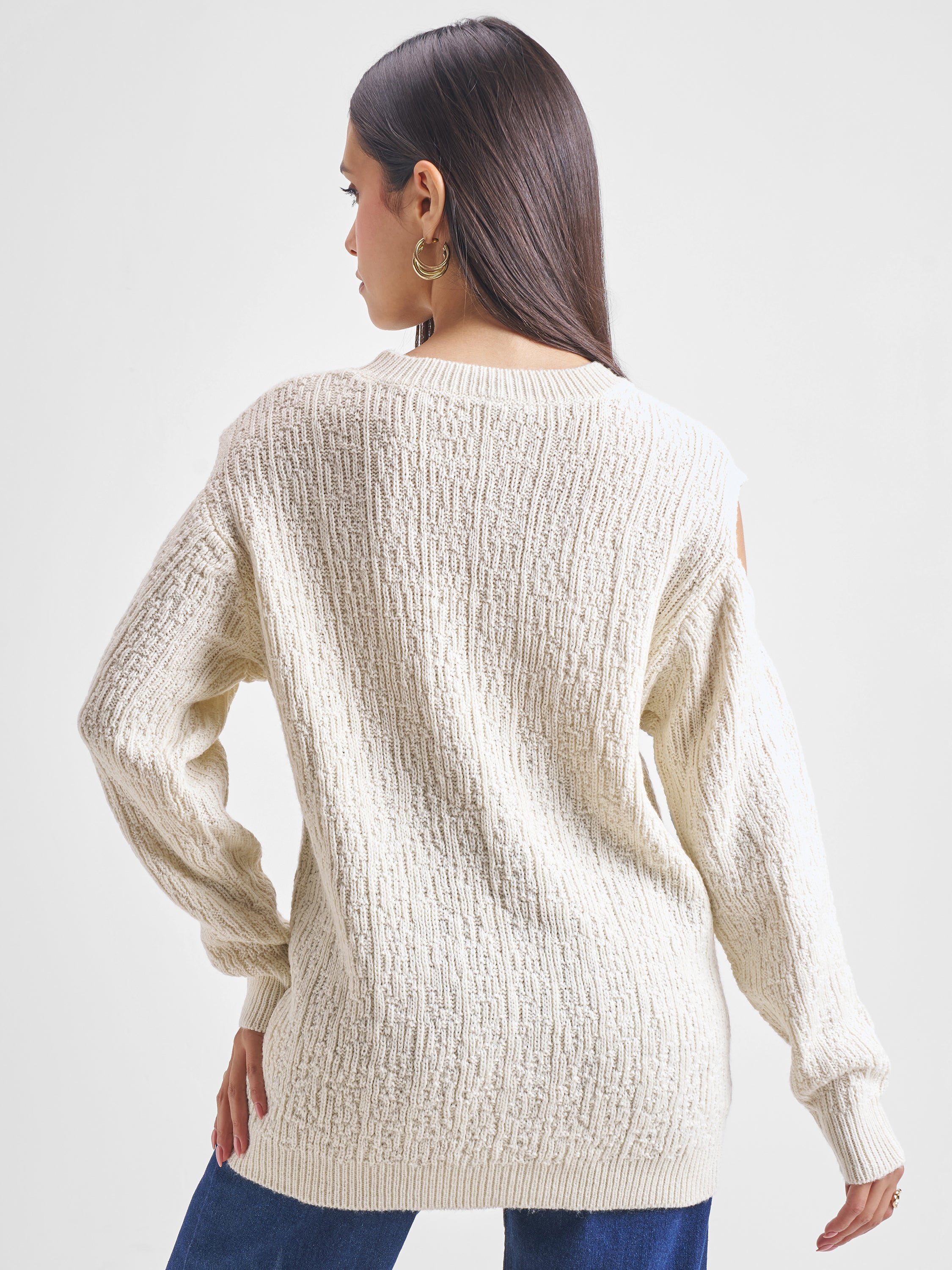 Tokyo Talkies Women White Round Neck Sweater - White - Image 3