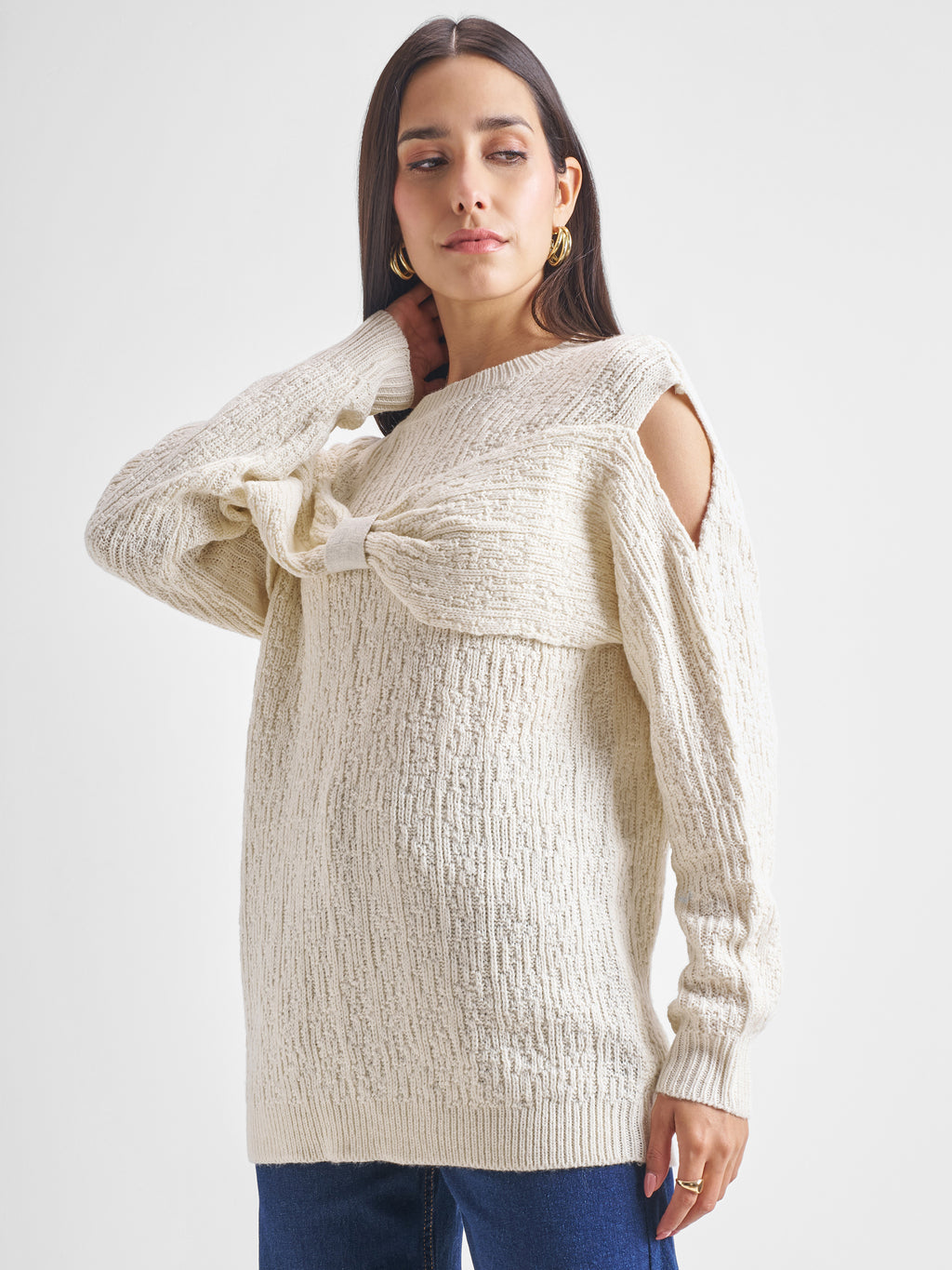 Tokyo Talkies Women White Round Neck Sweater - White - Image 4