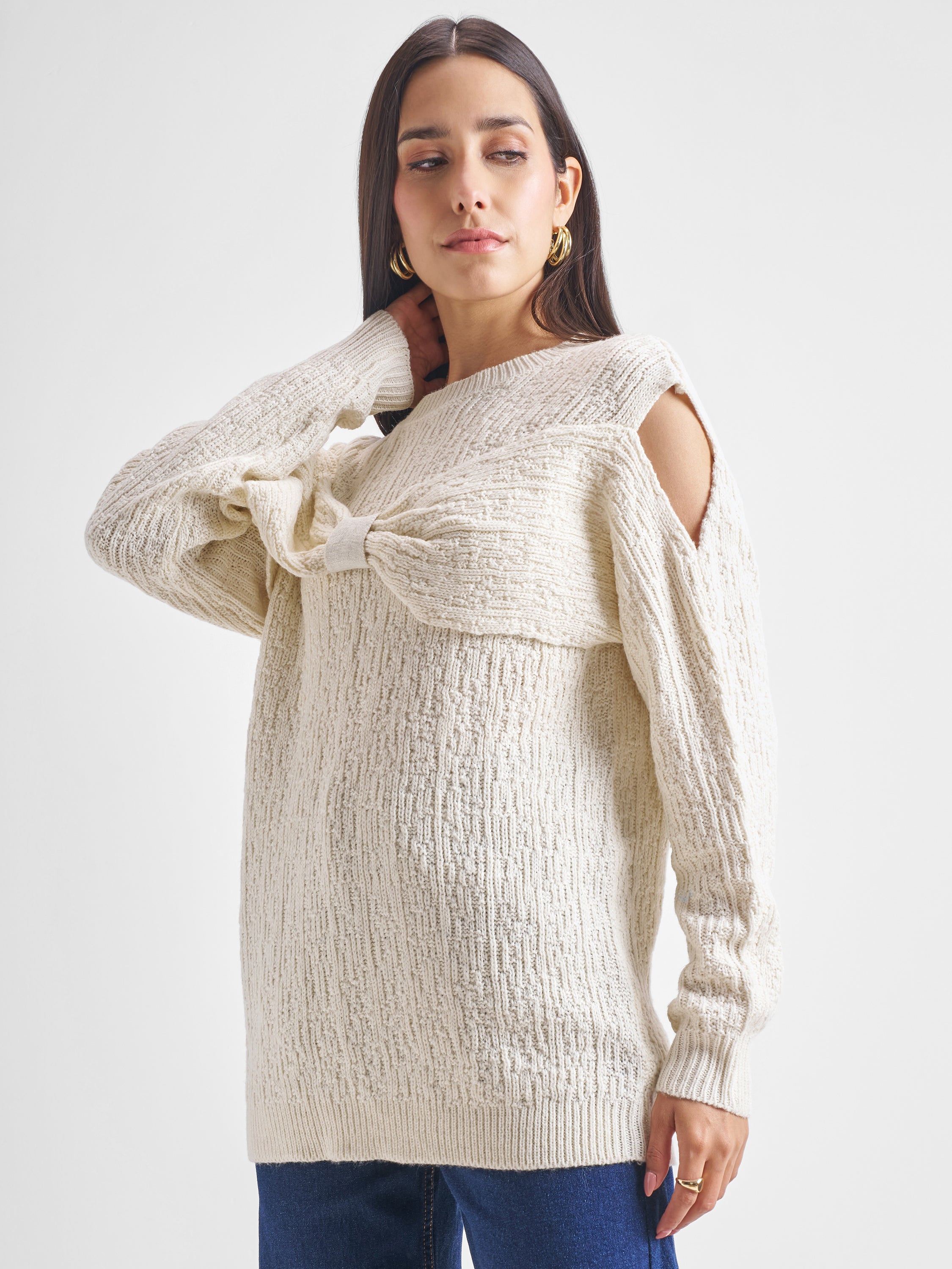 Tokyo Talkies Women White Round Neck Sweater - White - Image 4