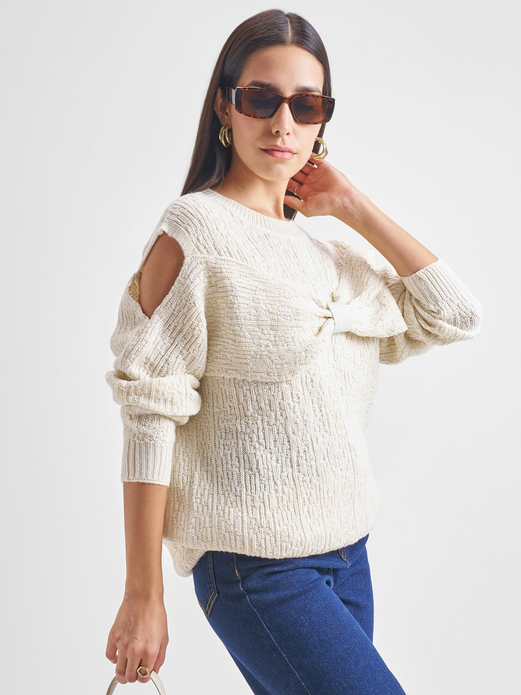 Tokyo Talkies Women White Round Neck Sweater - White - Image 6