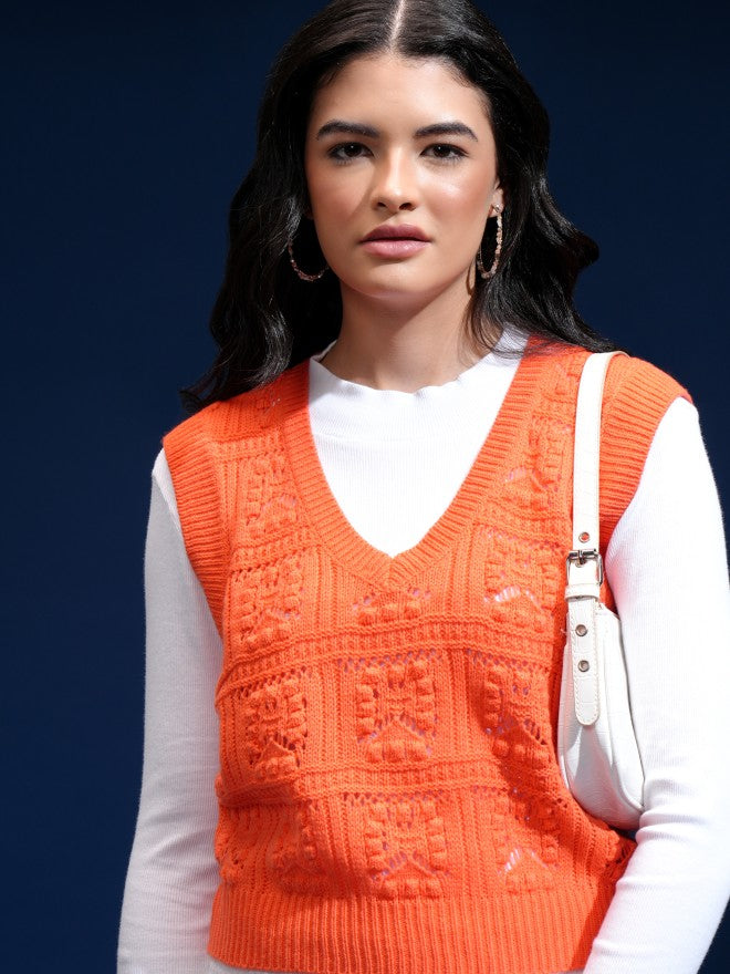 Tokyo Talkies Women Orange V-Neck Sweater - Orange - Image 1