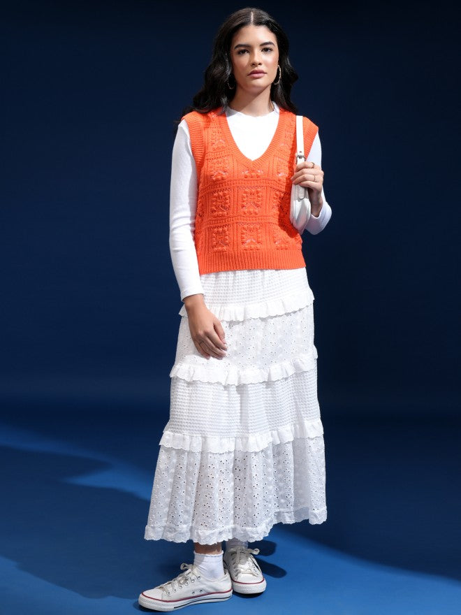 Tokyo Talkies Women Orange V-Neck Sweater - Orange - Image 2