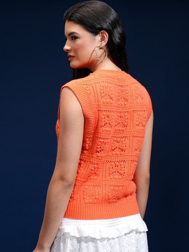 Tokyo Talkies Women Orange V-Neck Sweater - Orange - Image 3