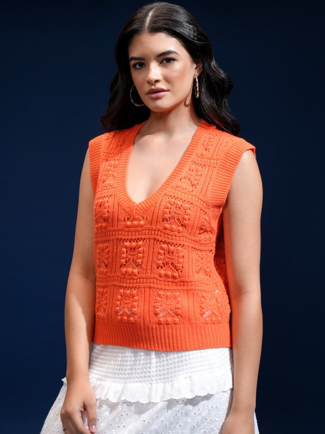 Tokyo Talkies Women Orange V-Neck Sweater - Orange - Image 4