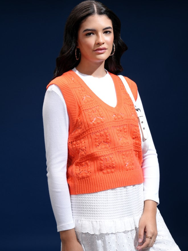 Tokyo Talkies Women Orange V-Neck Sweater - Orange - Image 6
