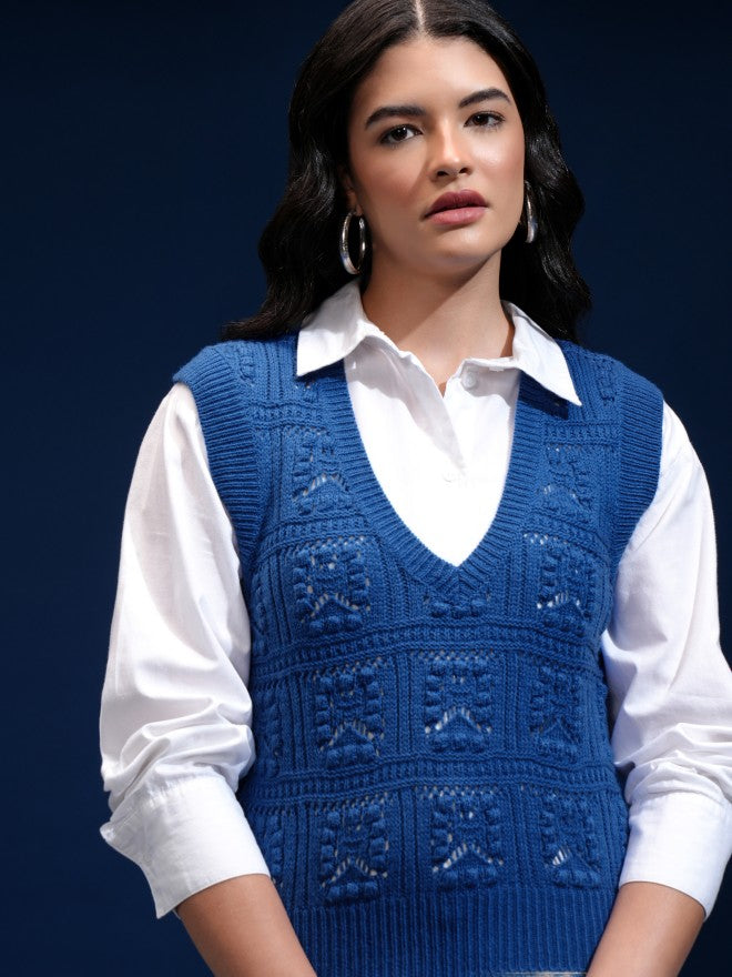 Tokyo Talkies Women Blue V-Neck Sweater - Blue - Image 1