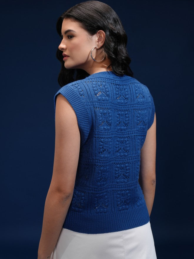 Tokyo Talkies Women Blue V-Neck Sweater - Blue - Image 3