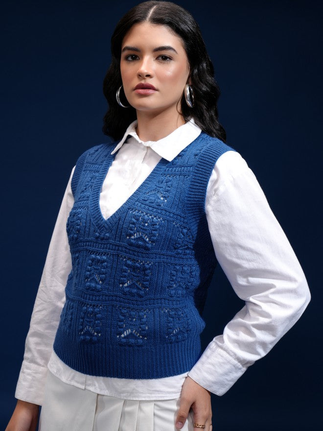 Tokyo Talkies Women Blue V-Neck Sweater - Blue - Image 4