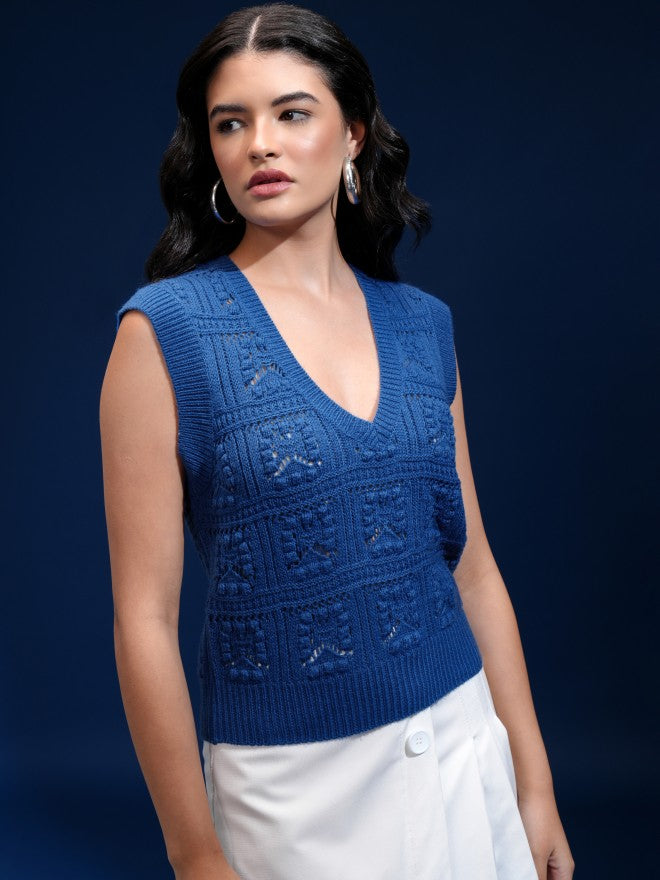 Tokyo Talkies Women Blue V-Neck Sweater - Blue - Image 6