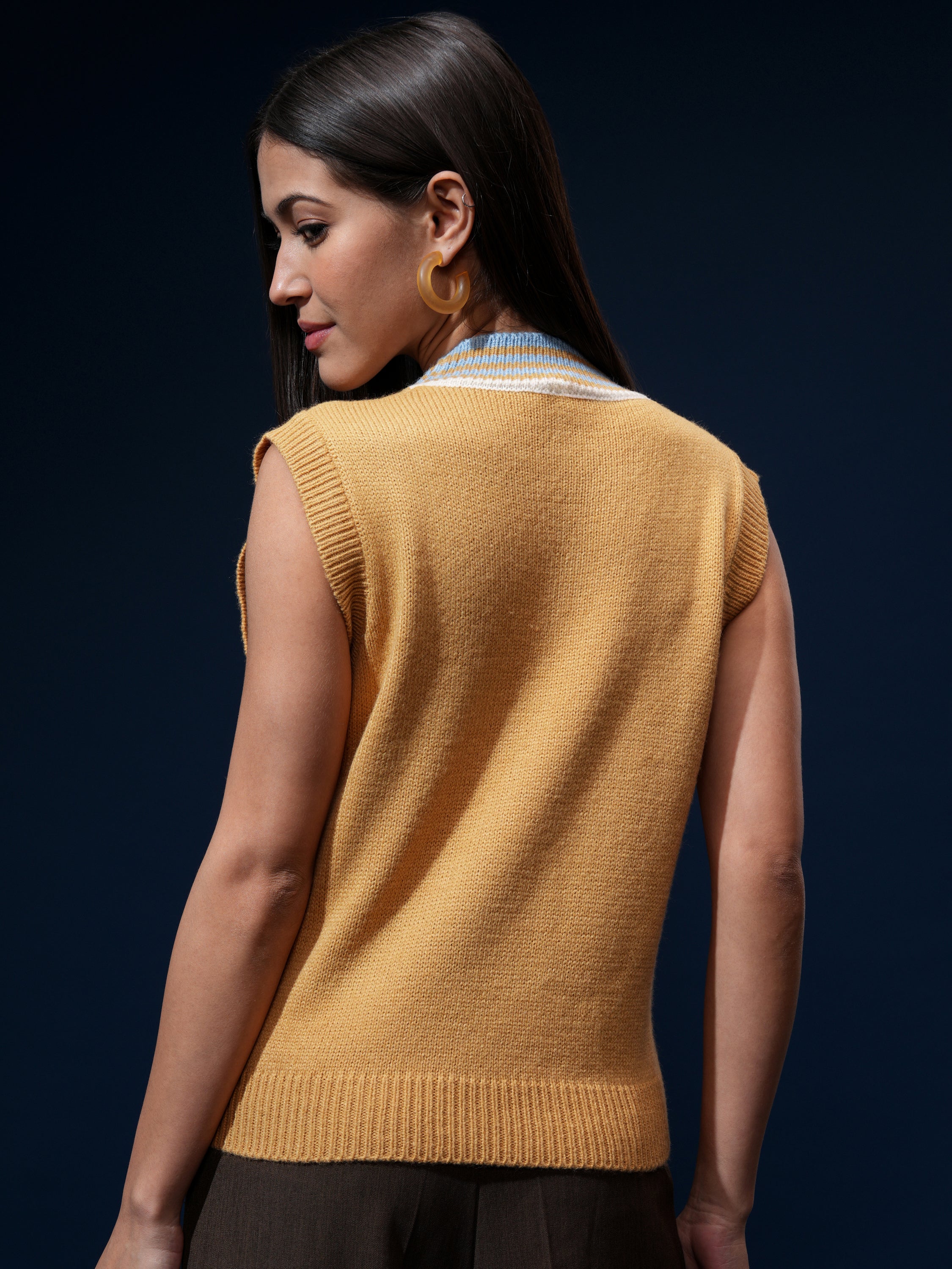 Tokyo Talkies Women Yellow V-Neck Sweater - Yellow - Image 3