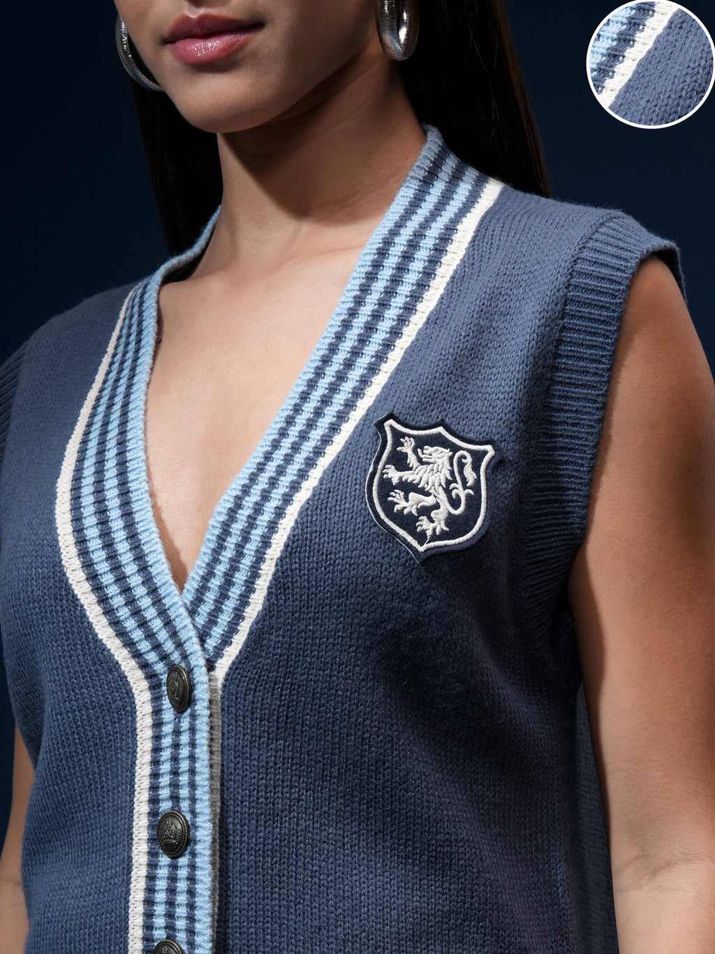 Tokyo Talkies Women Navy Blue V-Neck Sweater - Navy Blue - Image 5