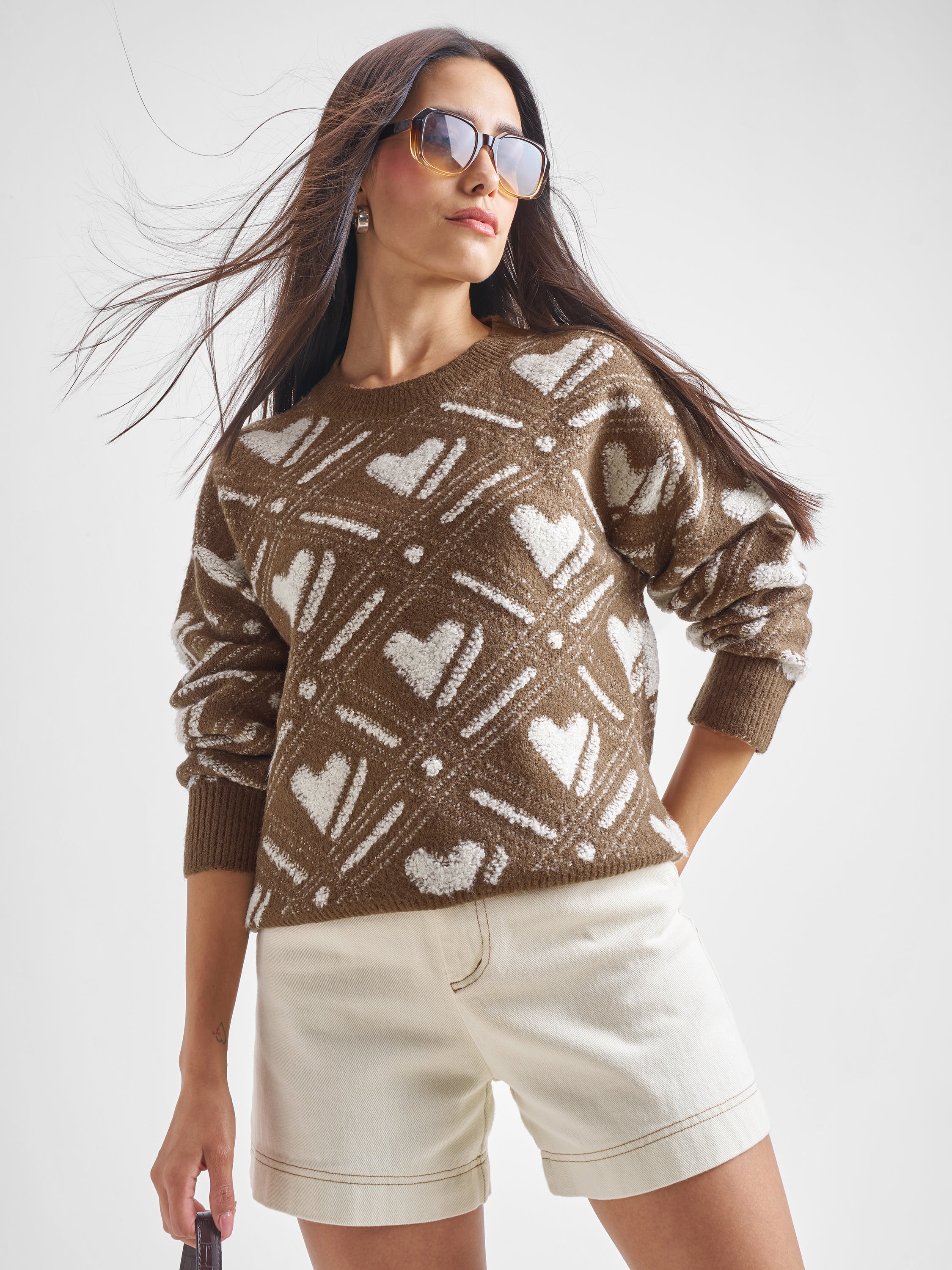 Tokyo Talkies Women Brown Round Neck Sweater - Brown - Image 1