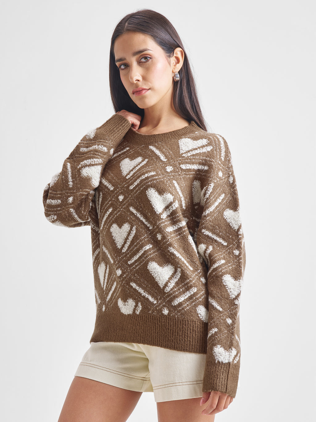 Tokyo Talkies Women Brown Round Neck Sweater - Brown - Image 4