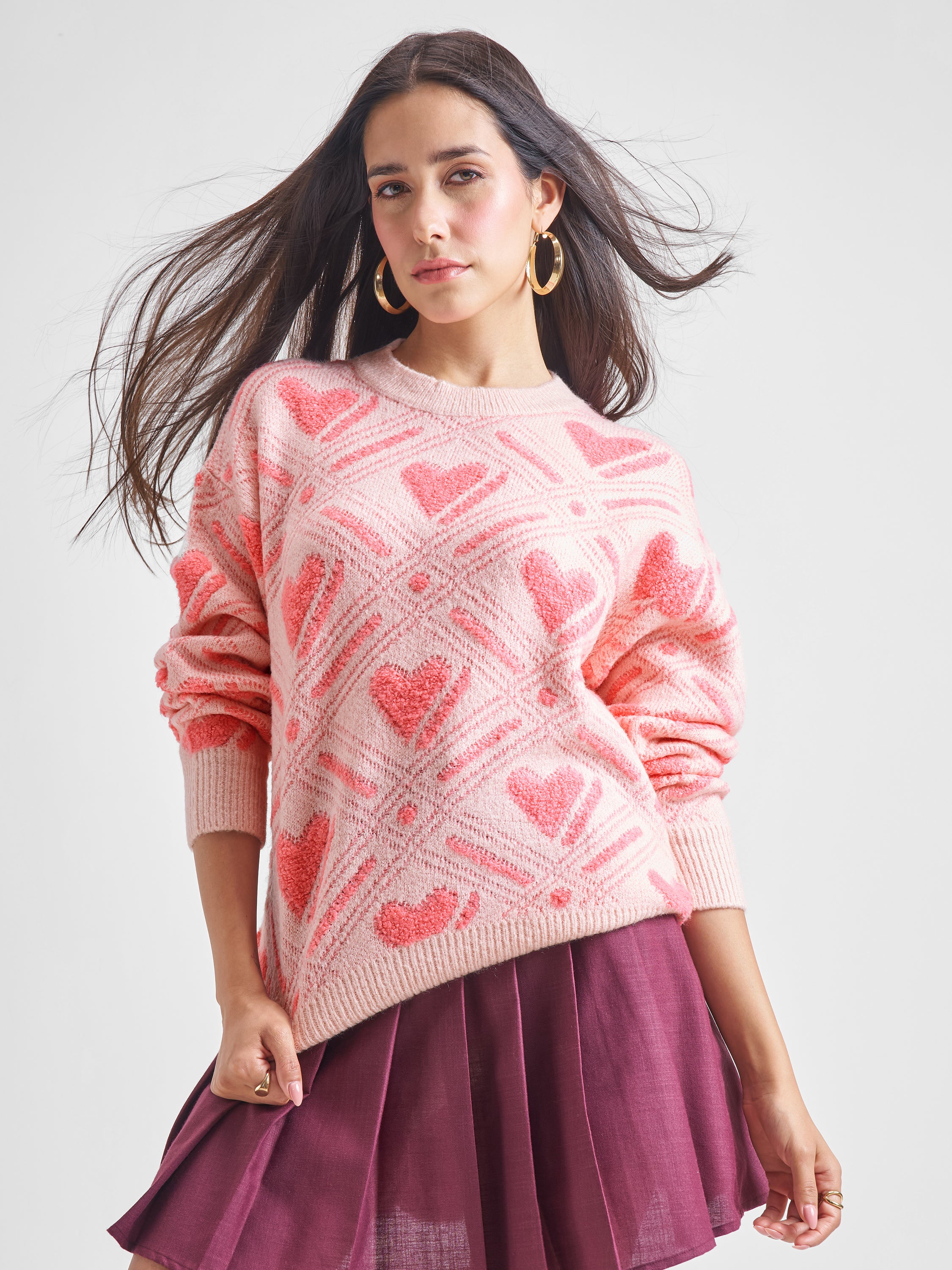 Tokyo Talkies Women Pink Round Neck Sweater - Pink - Image 1
