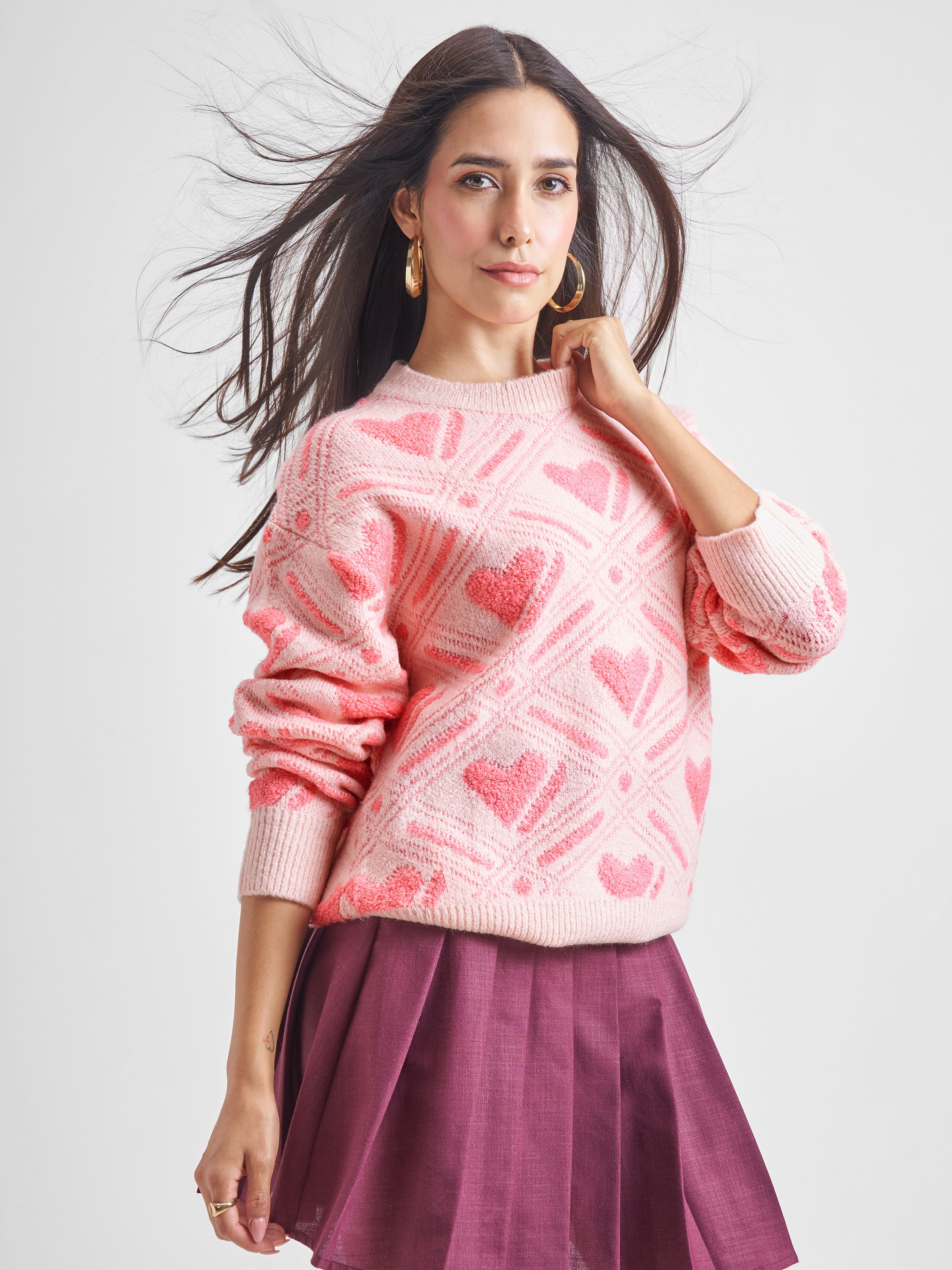 Tokyo Talkies Women Pink Round Neck Sweater - Pink - Image 6