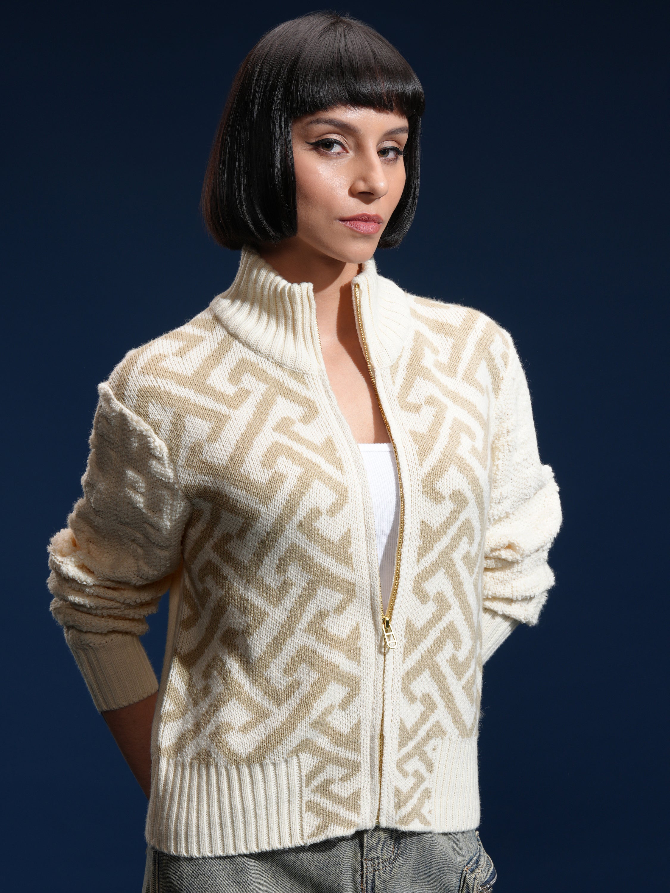 Tokyo Talkies Women Off White High Neck Sweater - Off White - Image 6