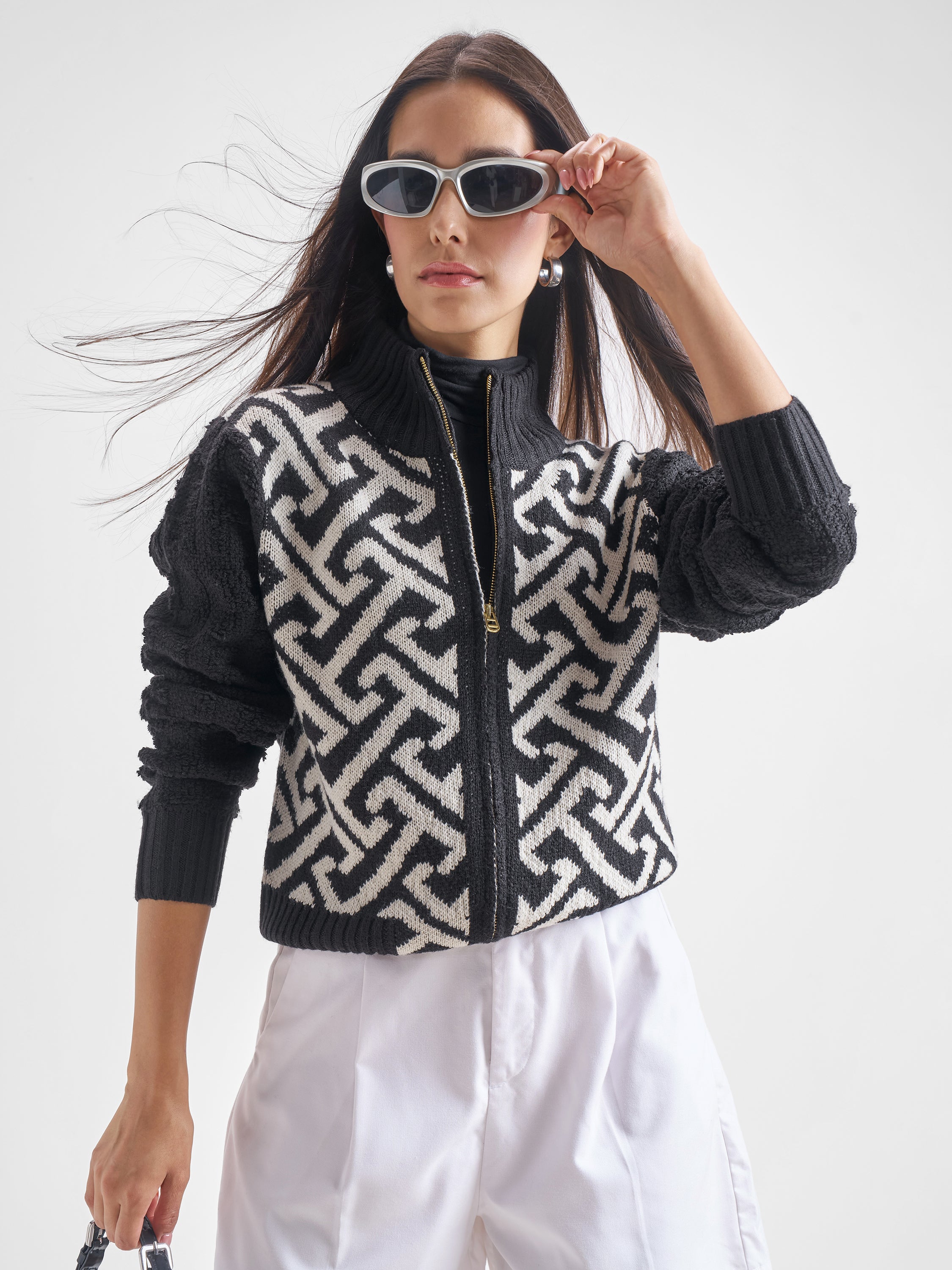 Tokyo Talkies Women Black High Neck Sweater - Black - Image 1