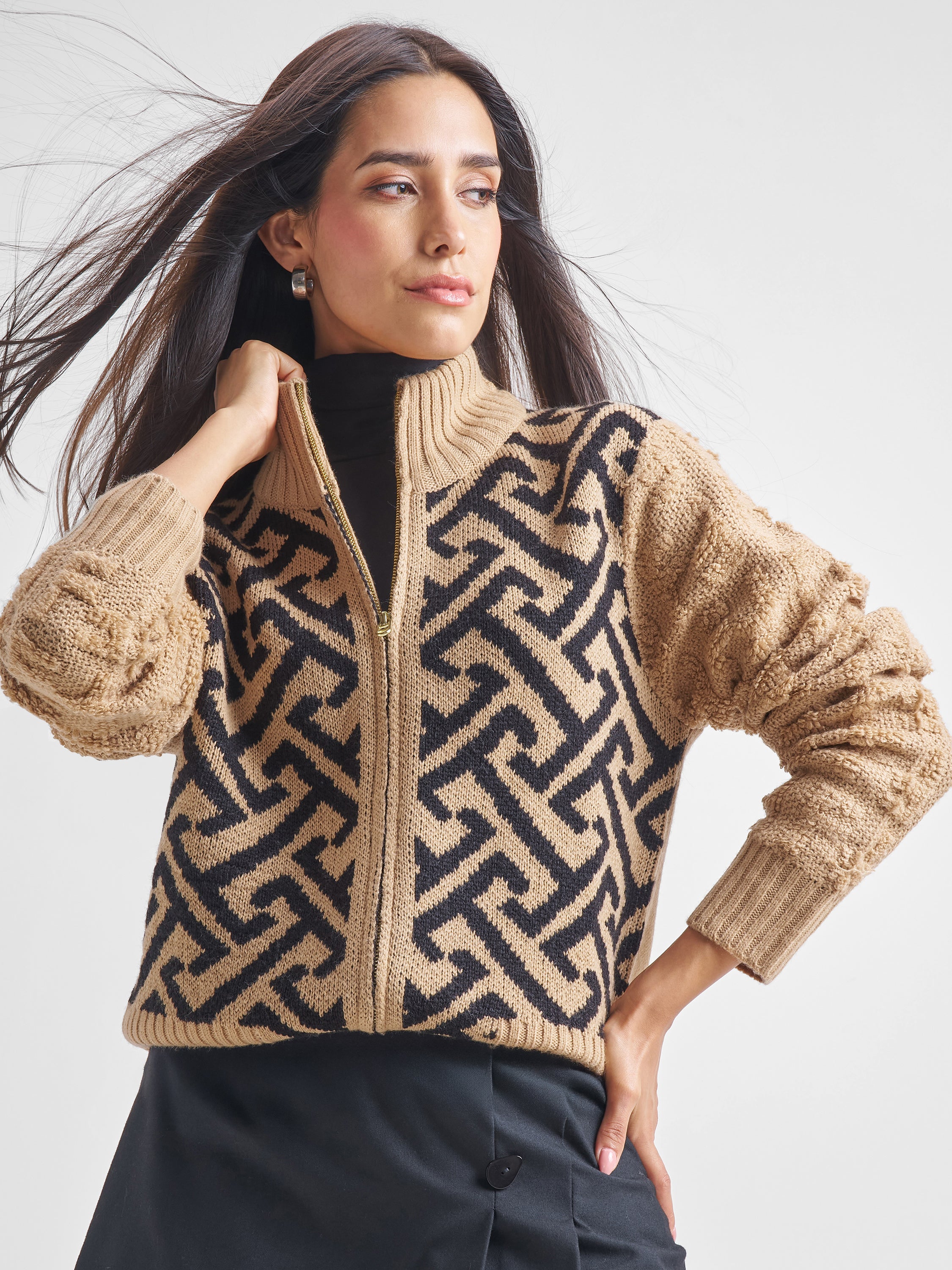 Tokyo Talkies Women Beige High Neck Sweater - Beige - Image 1